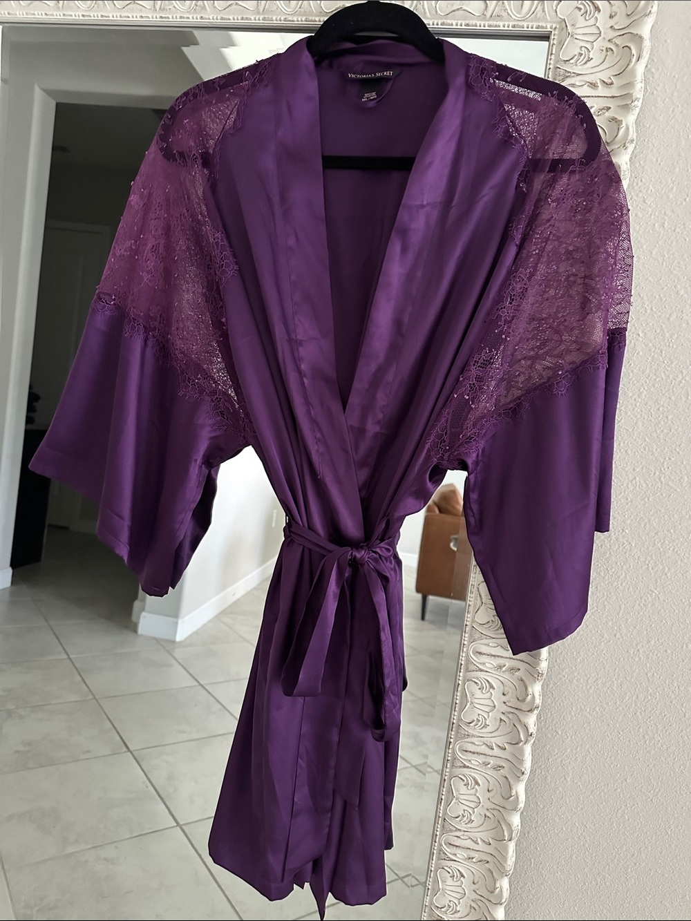 Victoria's Secret M/L Deep Purple Satin Robe with Lace